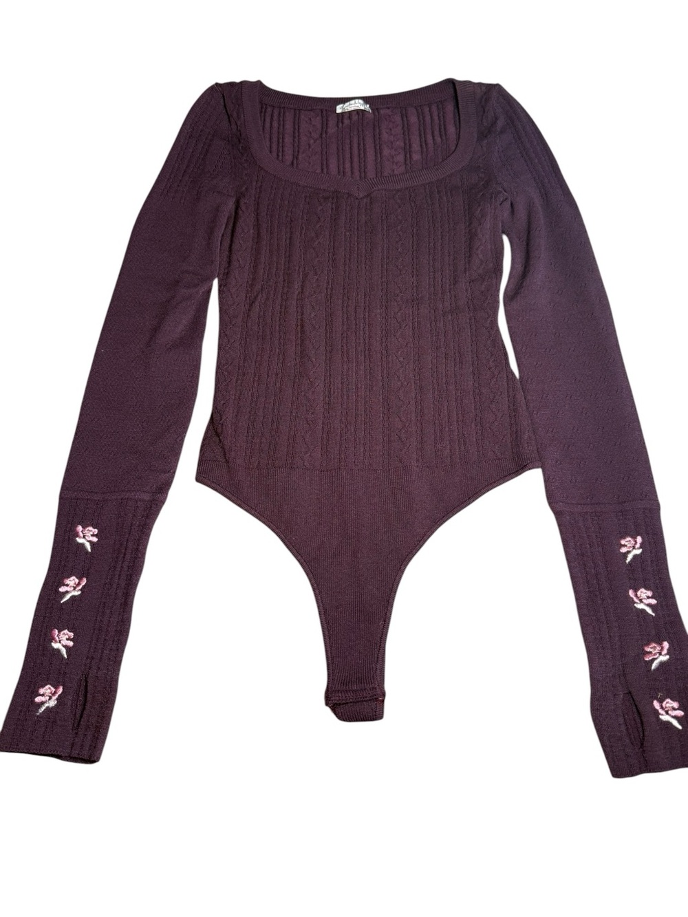 Free People Plum Cable Knit Long-Sleeve Bodysuit with Pink Embroidered Cuffs